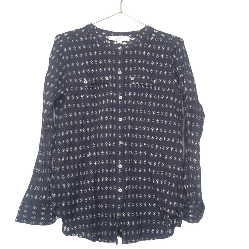 Loft navy blue button up blouse with pockets on front size small